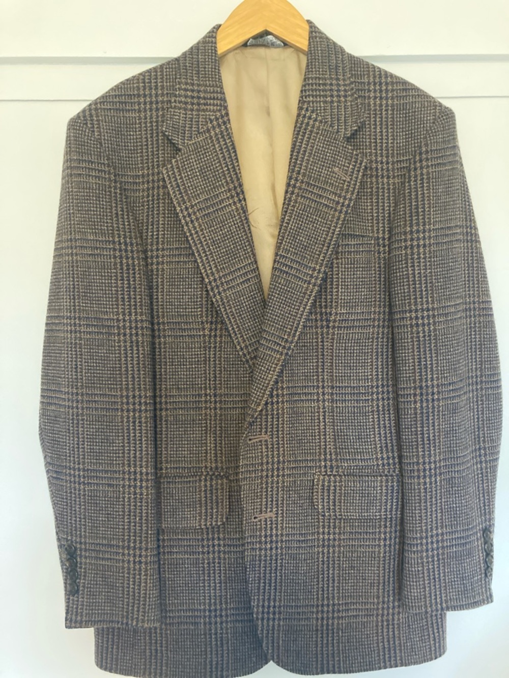 Lands End Men's Wool Brown Glen Plaid Blazer Classic Tailored Jacket 38R VTG USA